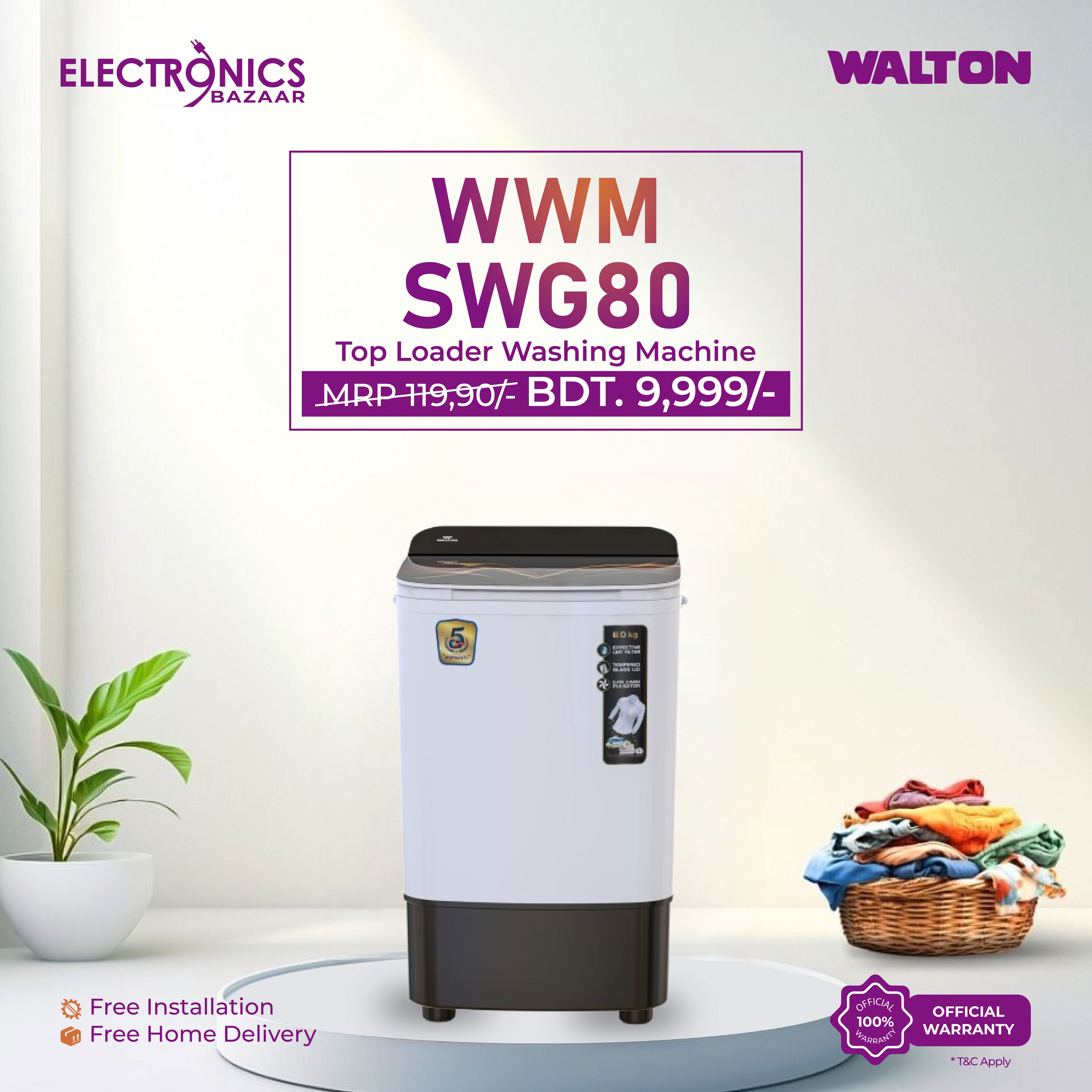Walton Top Loading Washing Machine 8KG  WWM-SWG80