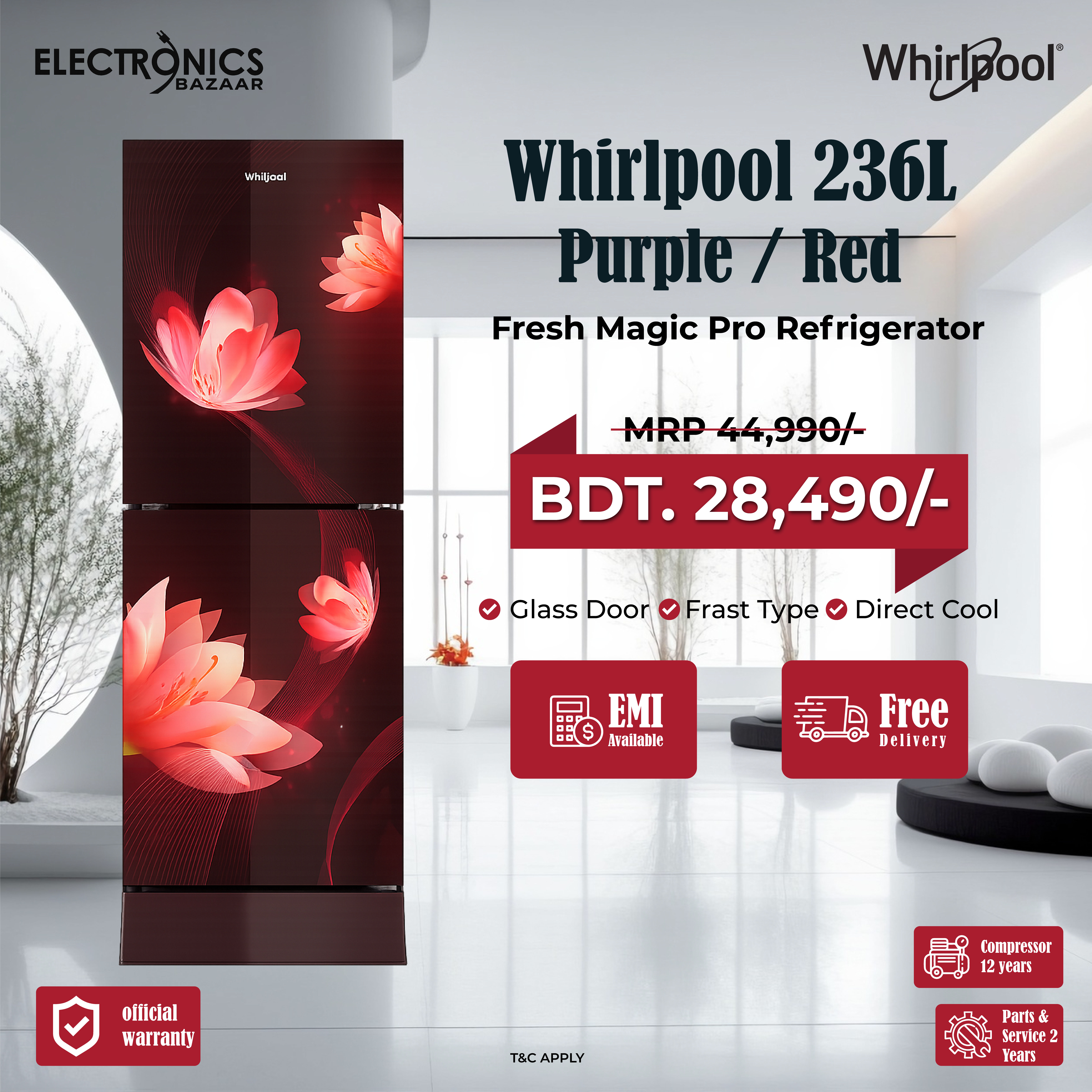 Whirlpool Fresh Magic Pro 236 Liter Glass Door Florina Red Non-Inverter Refrigerator