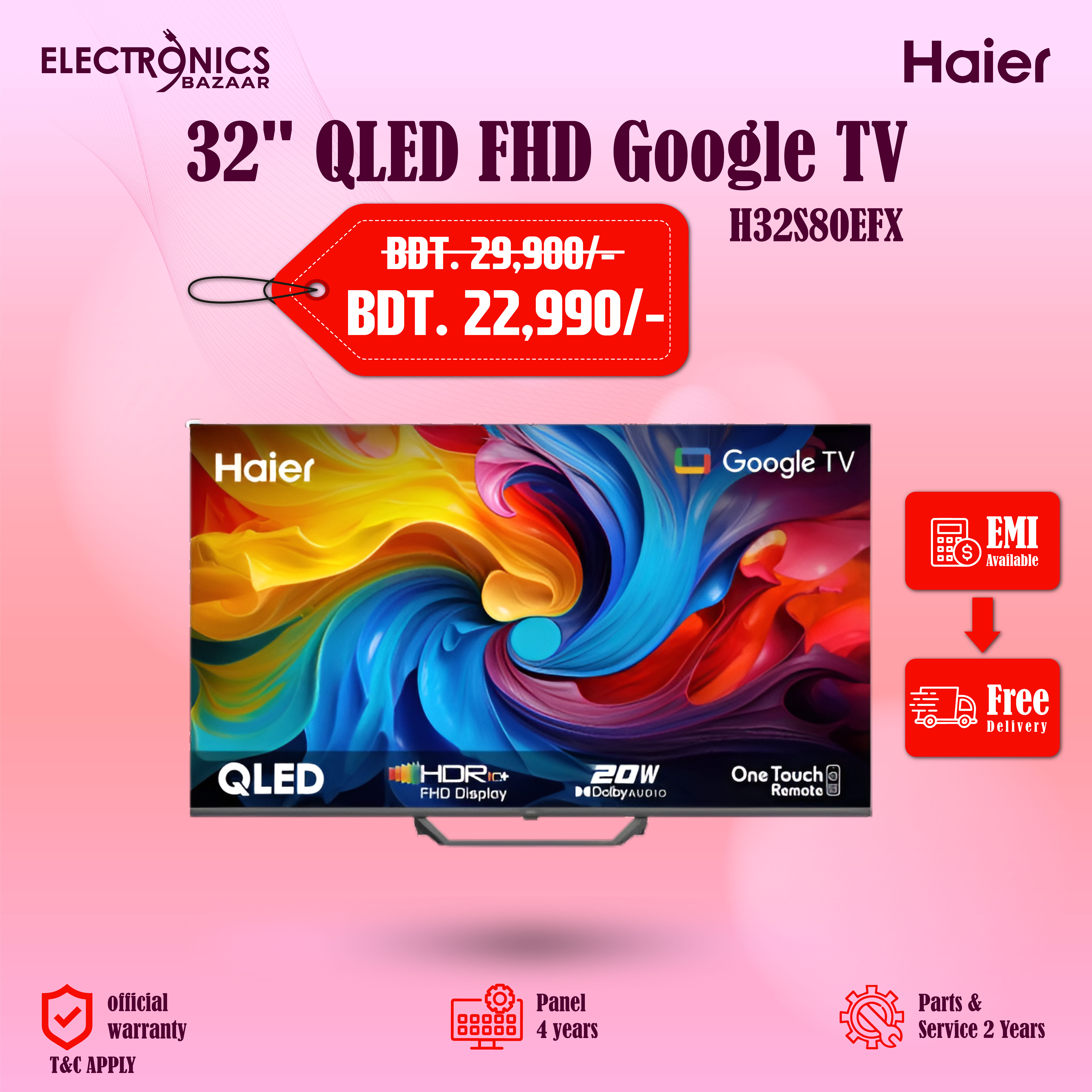 Haier 32 Inch QLED H32S80FEX FHD Bezel-Less Google TV