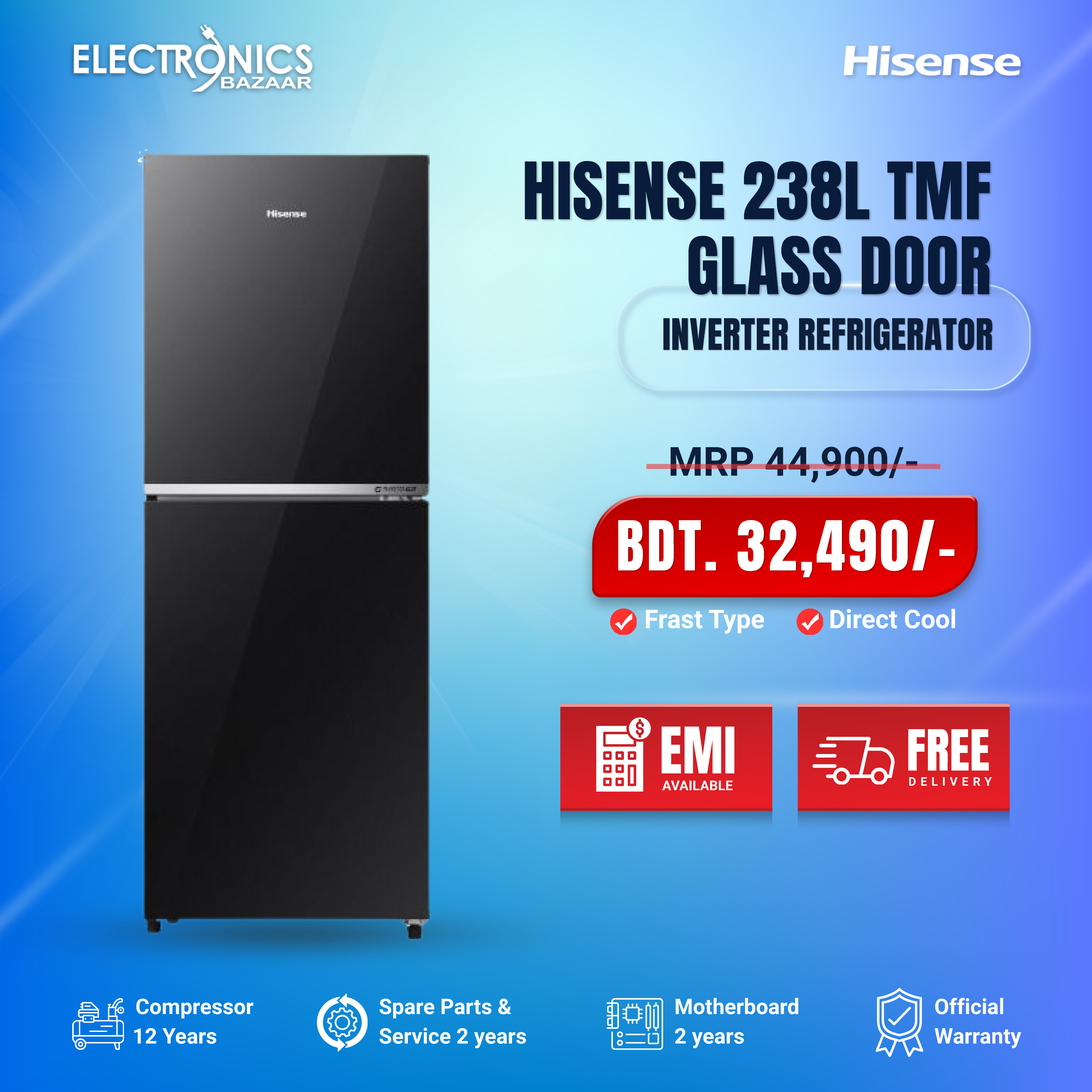Hisense 238L TMF Glass Door Inverter RT1G238NAB Premium Black Refrigerator